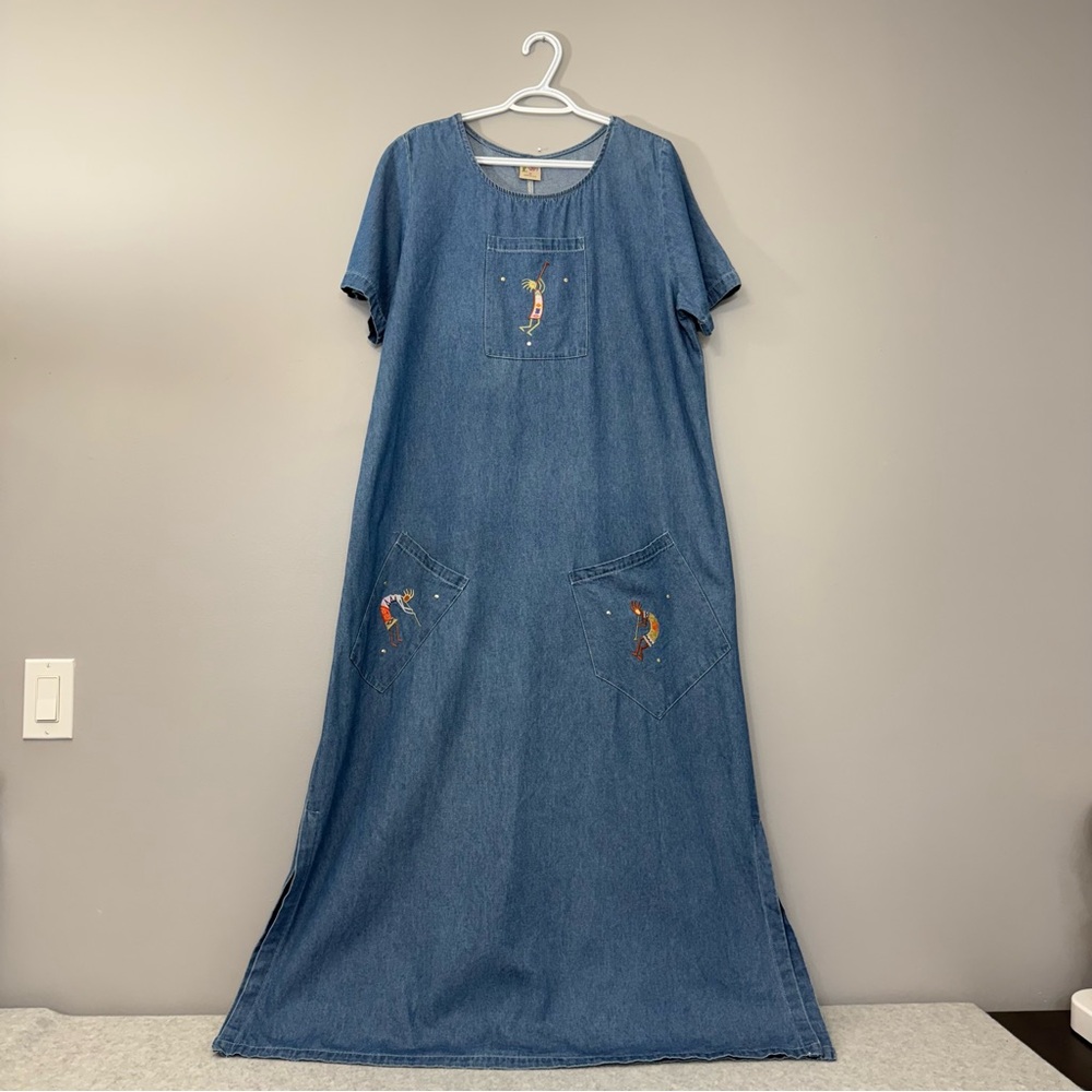Vintage  CACTUS CALIFORNIA Cottagecore Embroidered Peasant Denim Dress size M - Picture 3 of 15